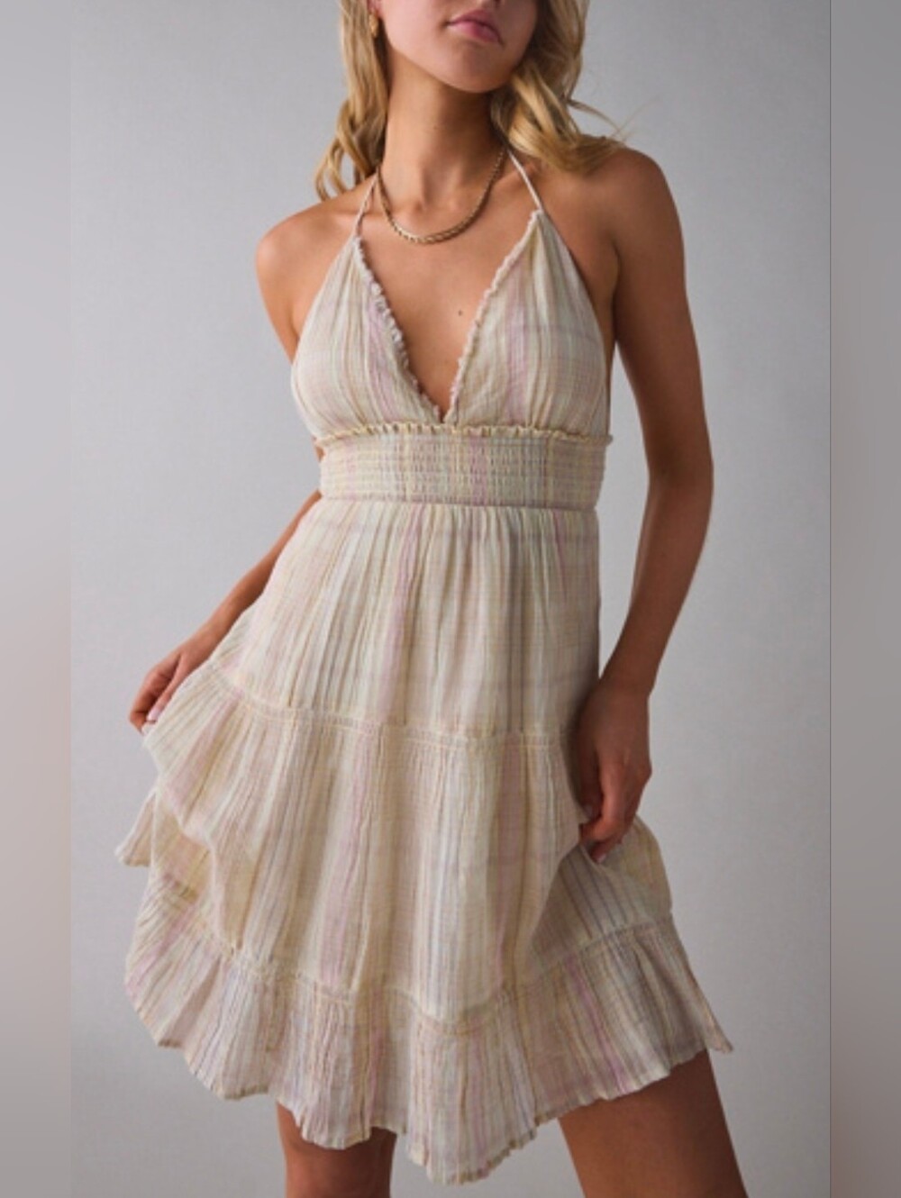 Kimchi Blue Pastel Striped Halter Tiered Mini Dress - Picture 1 of 5